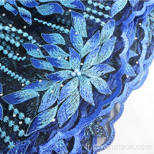 Tissu Dubai Lace avec dentelle et perles bleues